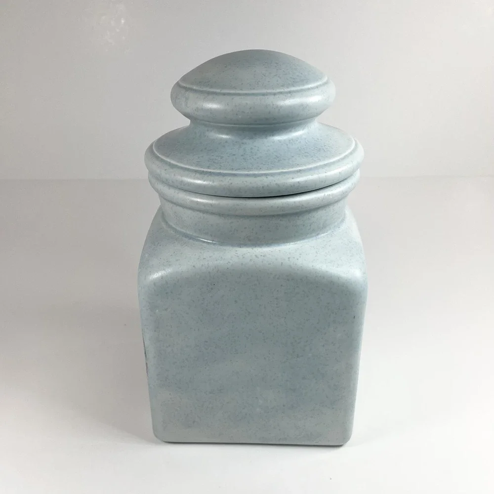 Vintage Ceramic Pale Blue Spackle Lidded Cookie Jar  Winter Small Town Picture